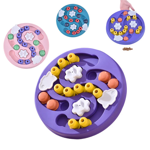 Interactive dog puzzle feeder with sliding treat compartments shown in purple, pink and blue colour options