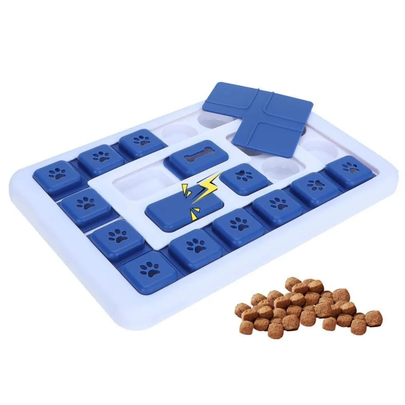 Blue and white interactive dog puzzle treat toy with sliding compartments and dry kibble