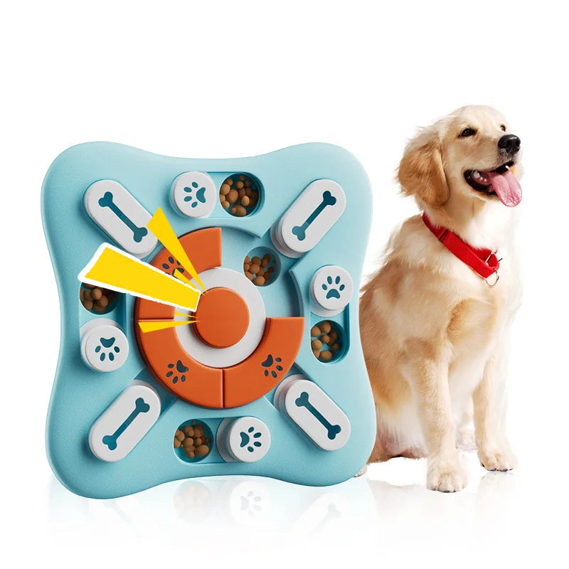 Interactive dog puzzle treat toy with sliding compartments, kibble and a Golden Retriever
