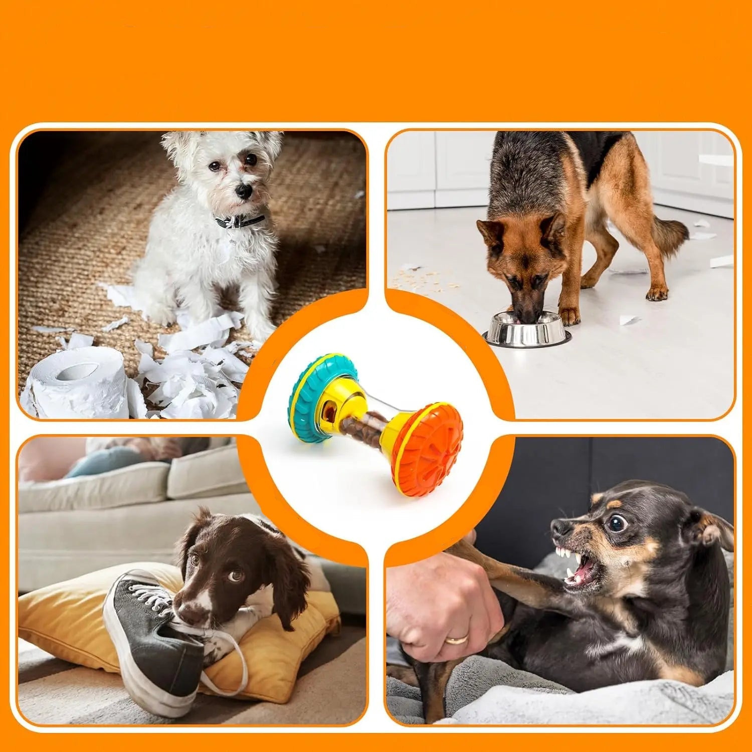 Interactive dog treat dispenser toy designed to provide enrichment and help reduce boredom-related behaviours
