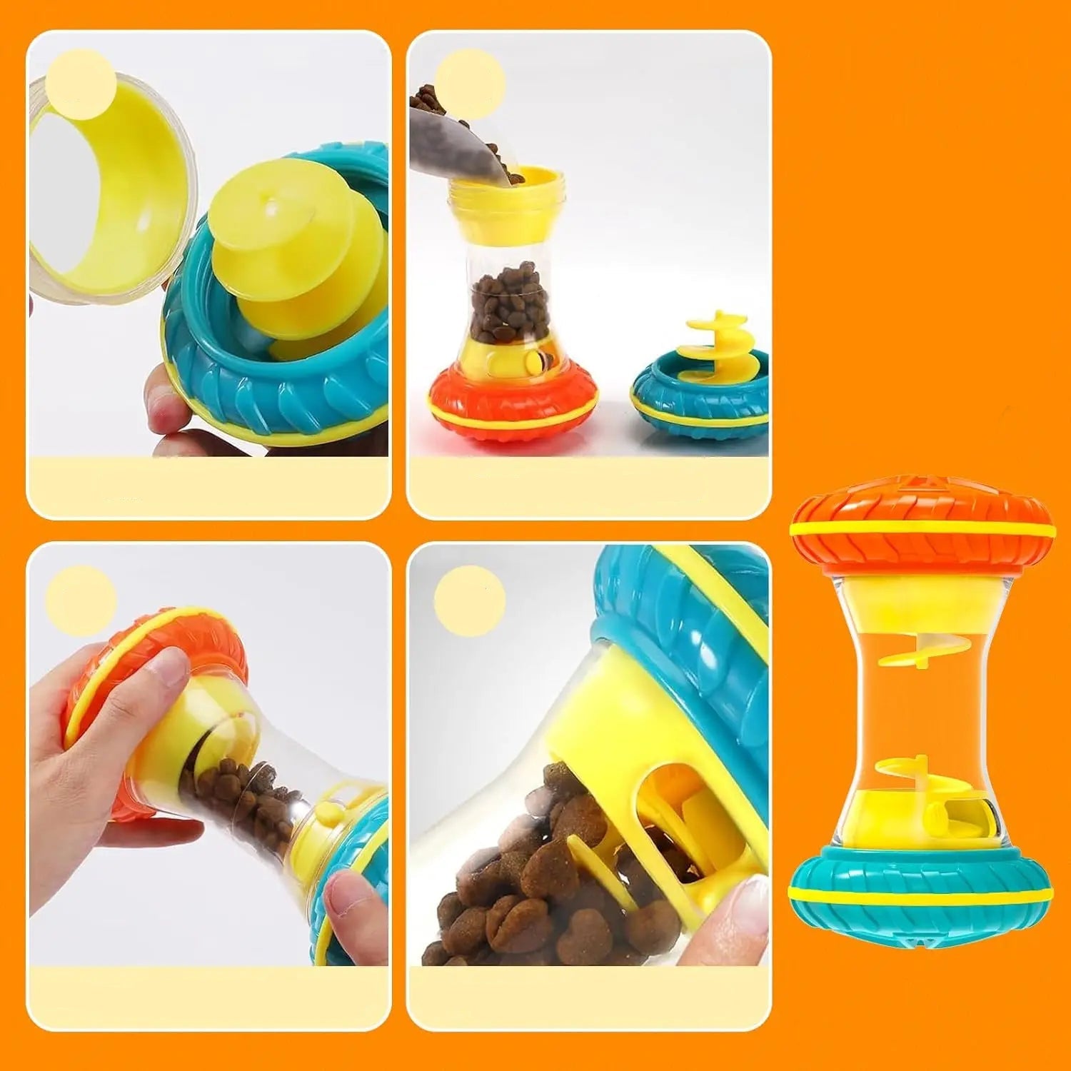 Interactive dog treat dispenser showing how to open, refill with kibble and adjust the treat release openings