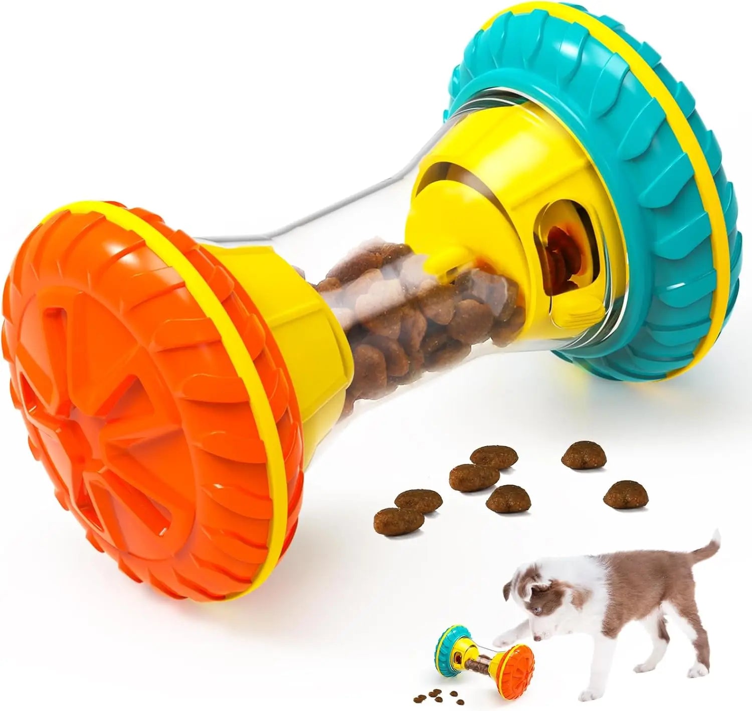Interactive rolling dog treat dispenser toy with kibble inside and textured wheels for play and enrichment