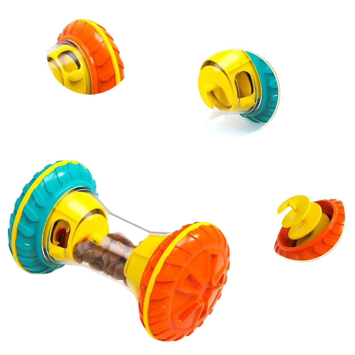 Interactive rolling dog treat dispenser with textured wheels, kibble chamber and adjustable treat openings