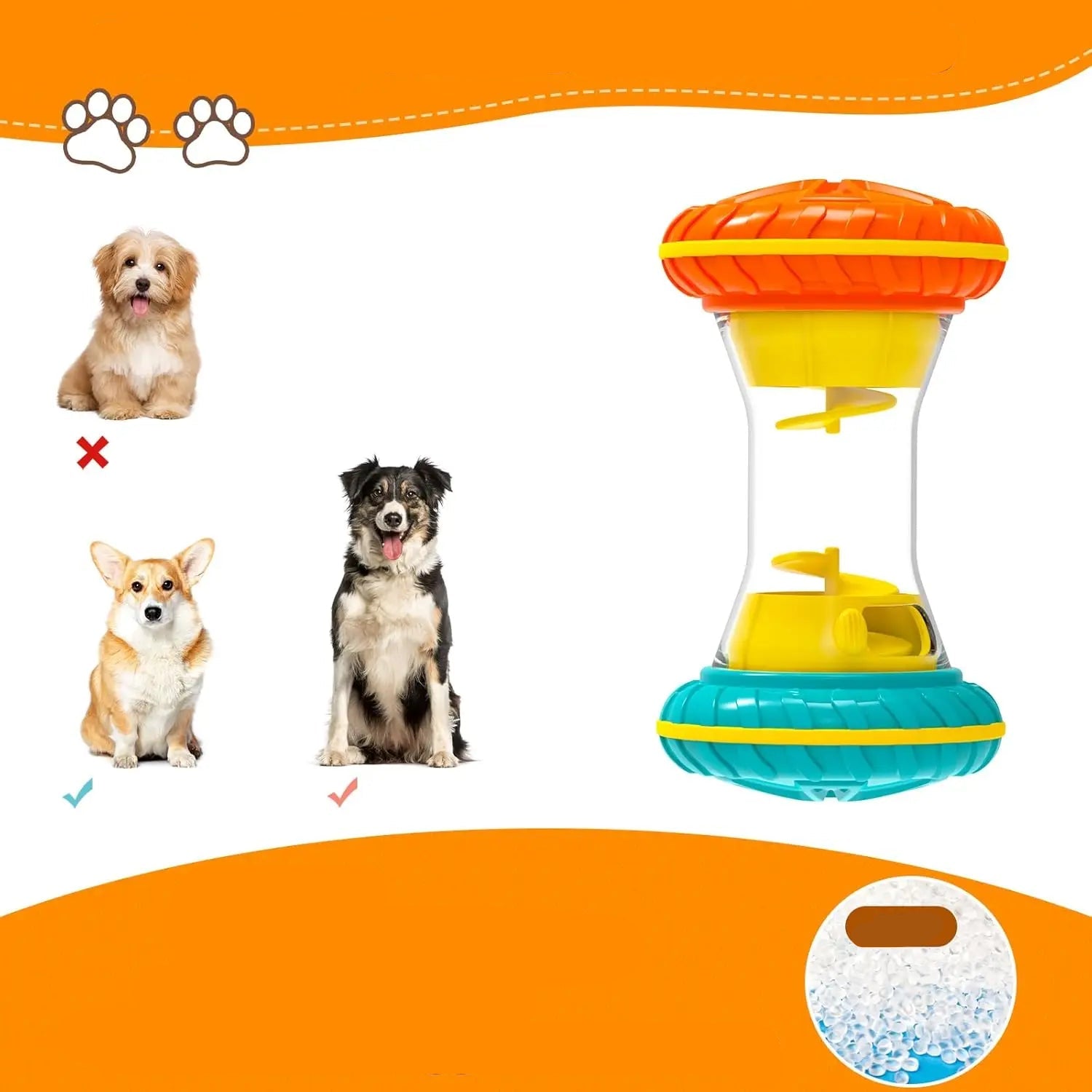 Interactive rolling dog treat dispenser with adjustable openings, shown as suitable for medium and large dogs
