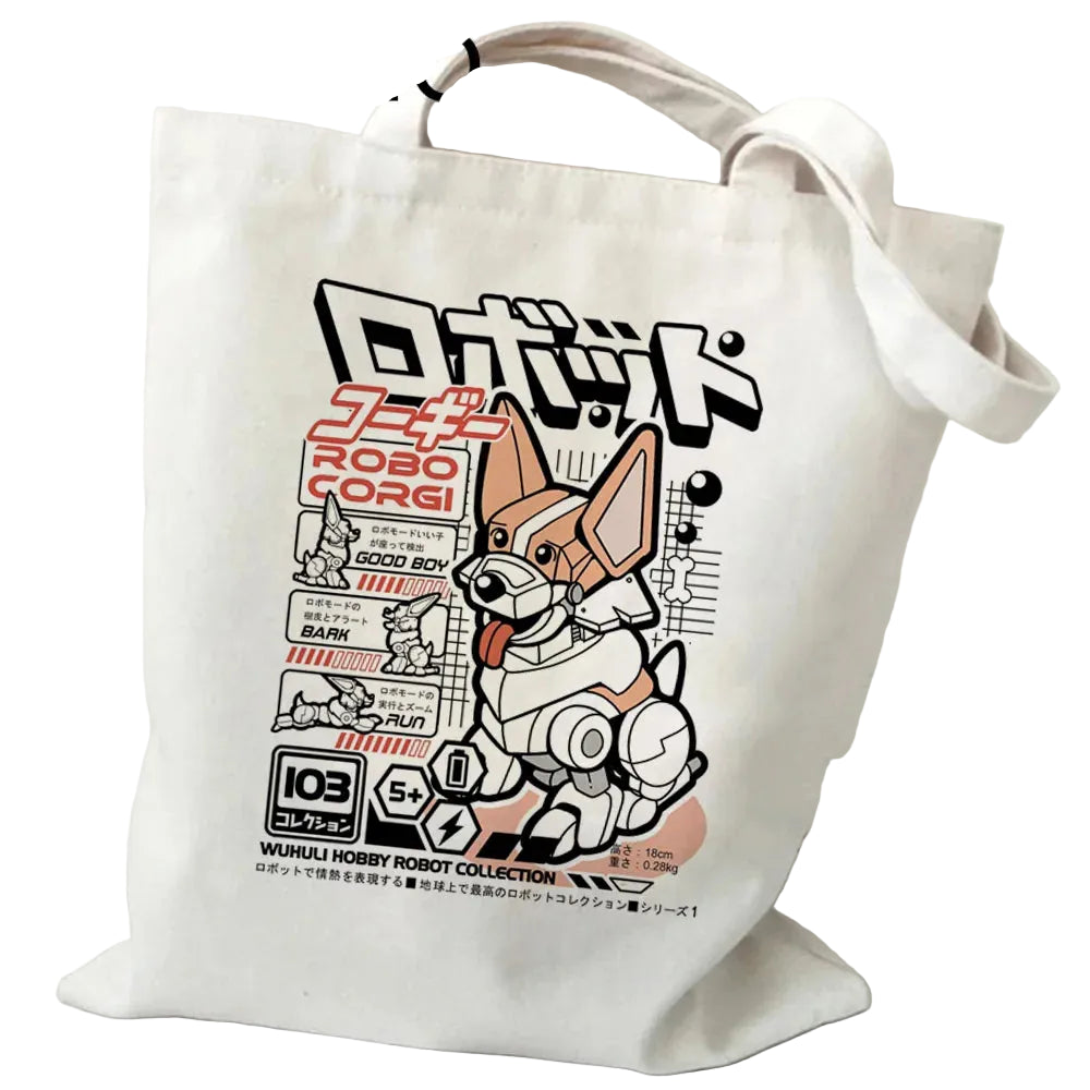 Cream canvas tote bag featuring a Japanese-style robot Corgi illustration with graphic text and shoulder straps
