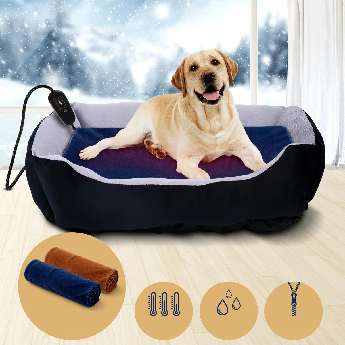 Labrador lying on a navy electric heated pet mat inside a dog bed with temperature controller and removable covers