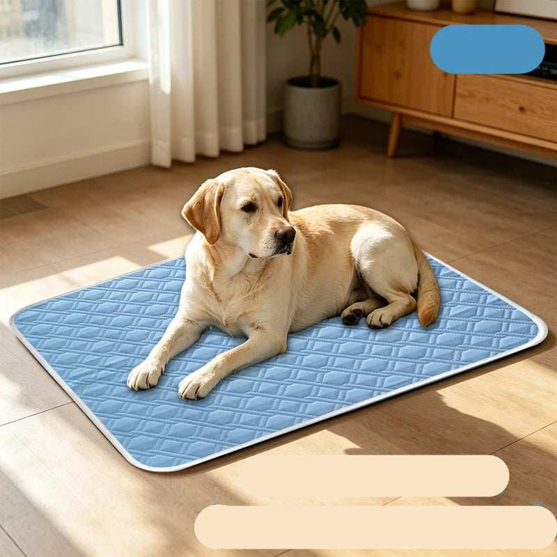 Labrador Retriever resting on a blue quilted pet cooling mat on a wooden floor indoors