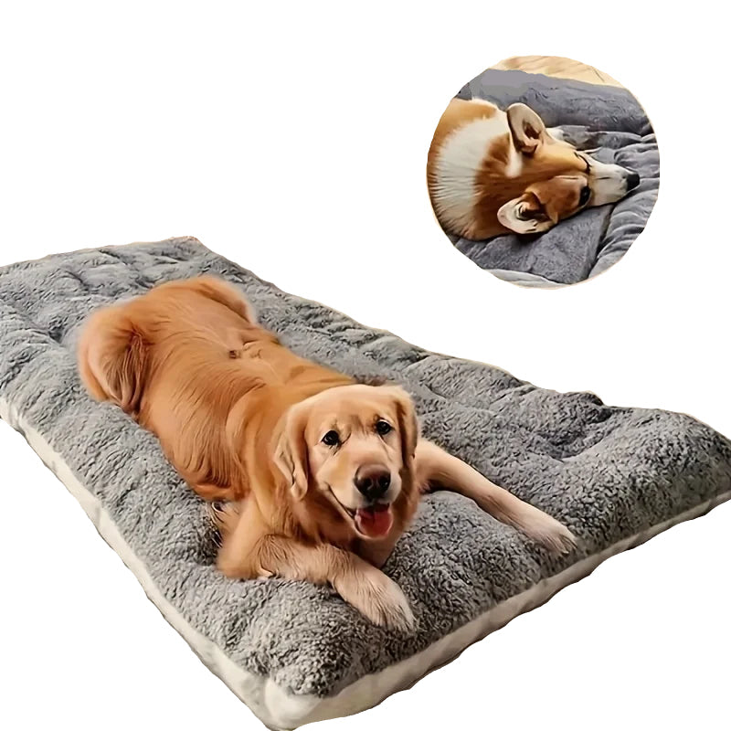 Large grey plush dog bed with a Golden Retriever resting on the soft cushioned surface
