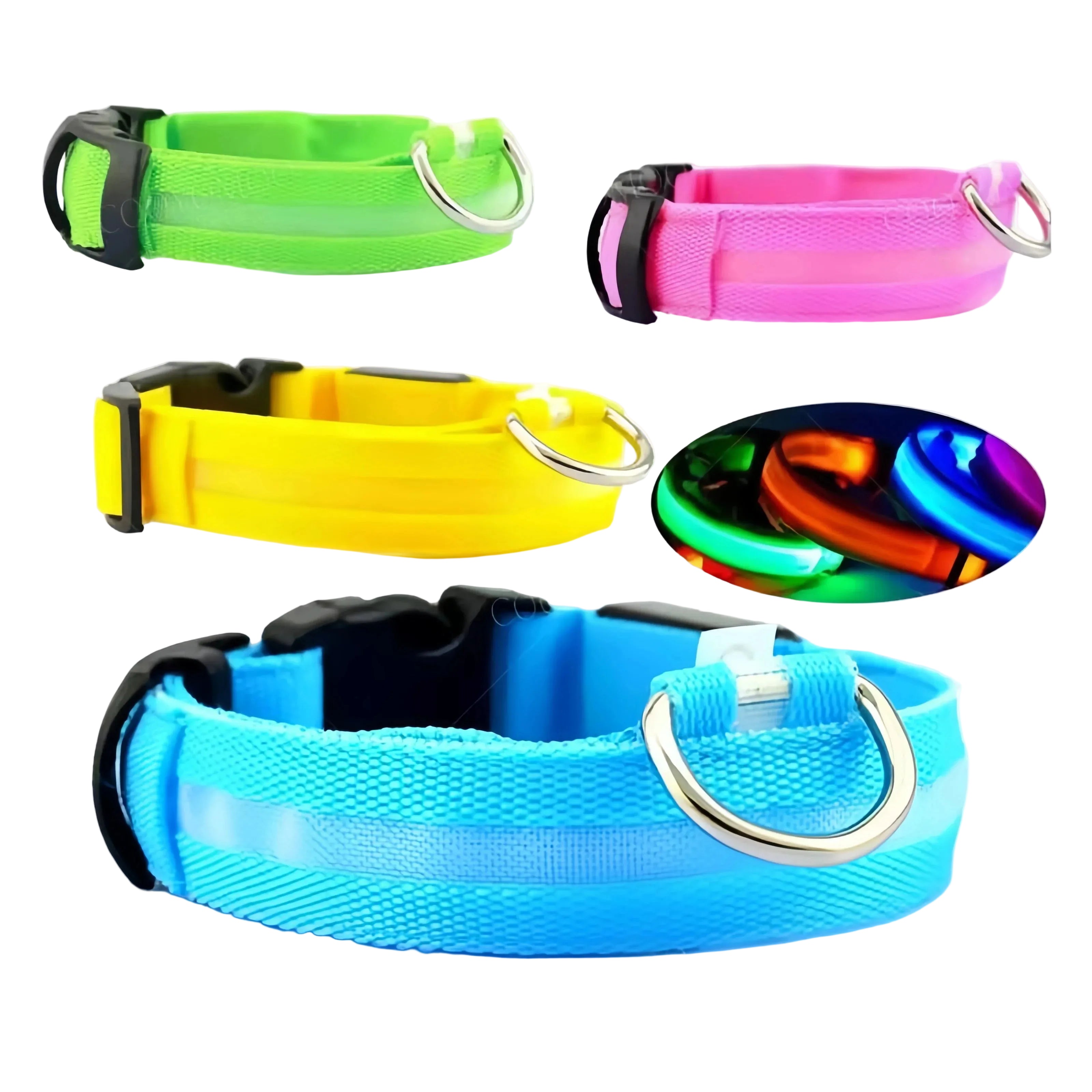 LED reflective dog collars in blue, green, pink and yellow with adjustable buckles and metal D-rings
