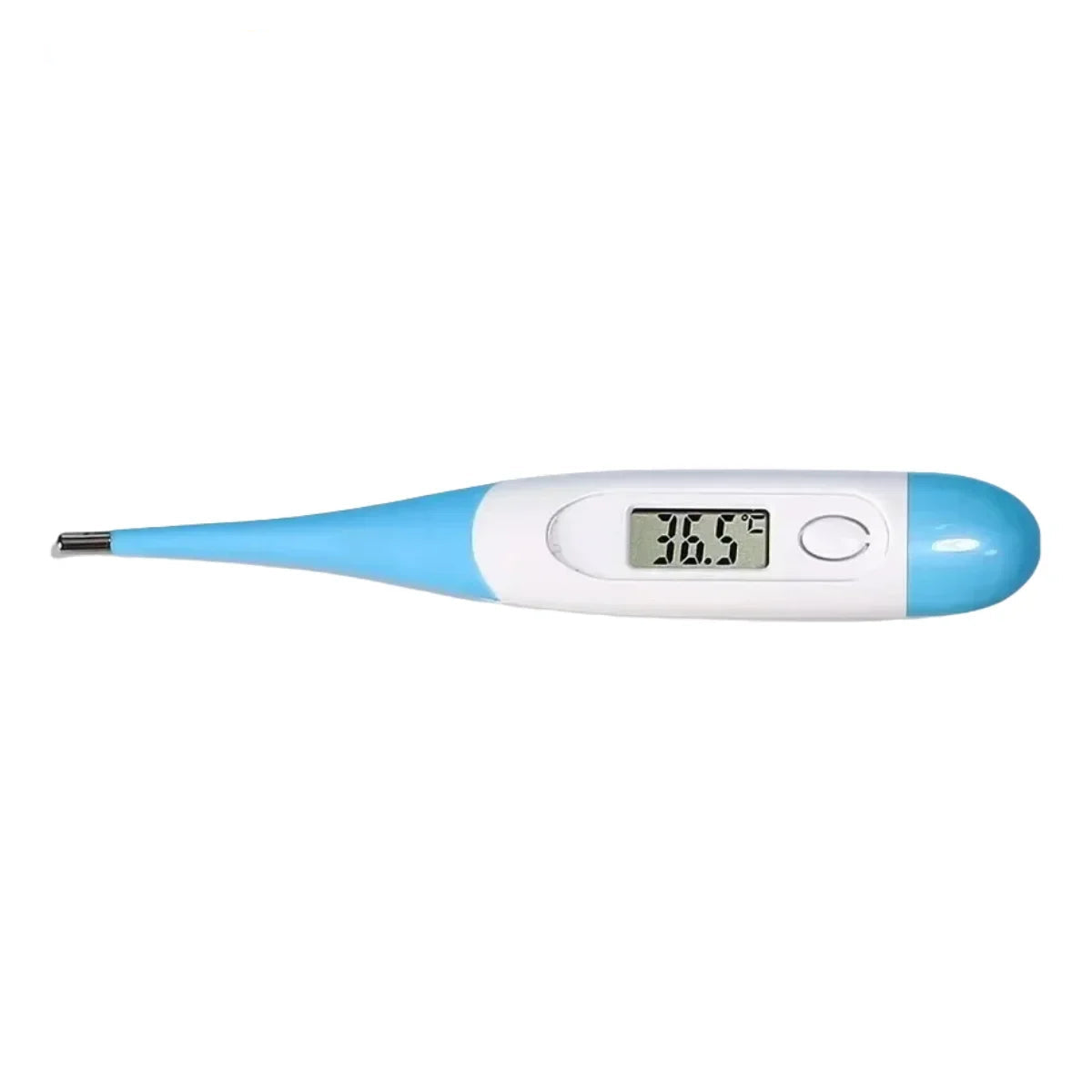 Light blue and white digital pet thermometer with LCD temperature display, power button and metal probe tip