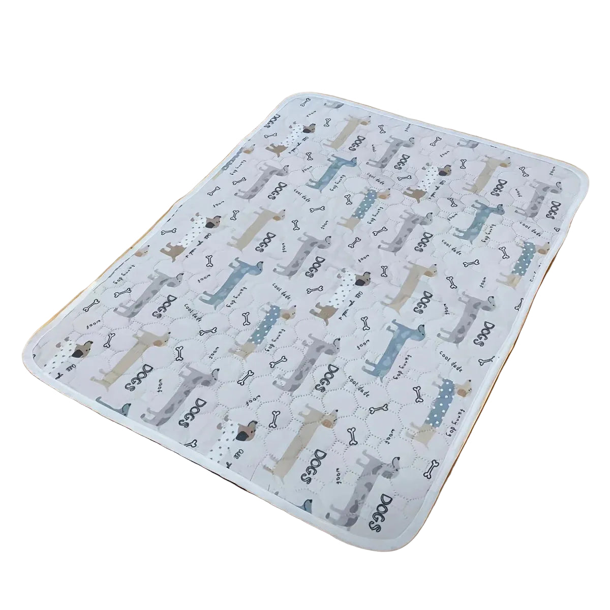 Light grey quilted dog bed mat with cartoon dog and bone pattern, padded surface and rounded corners