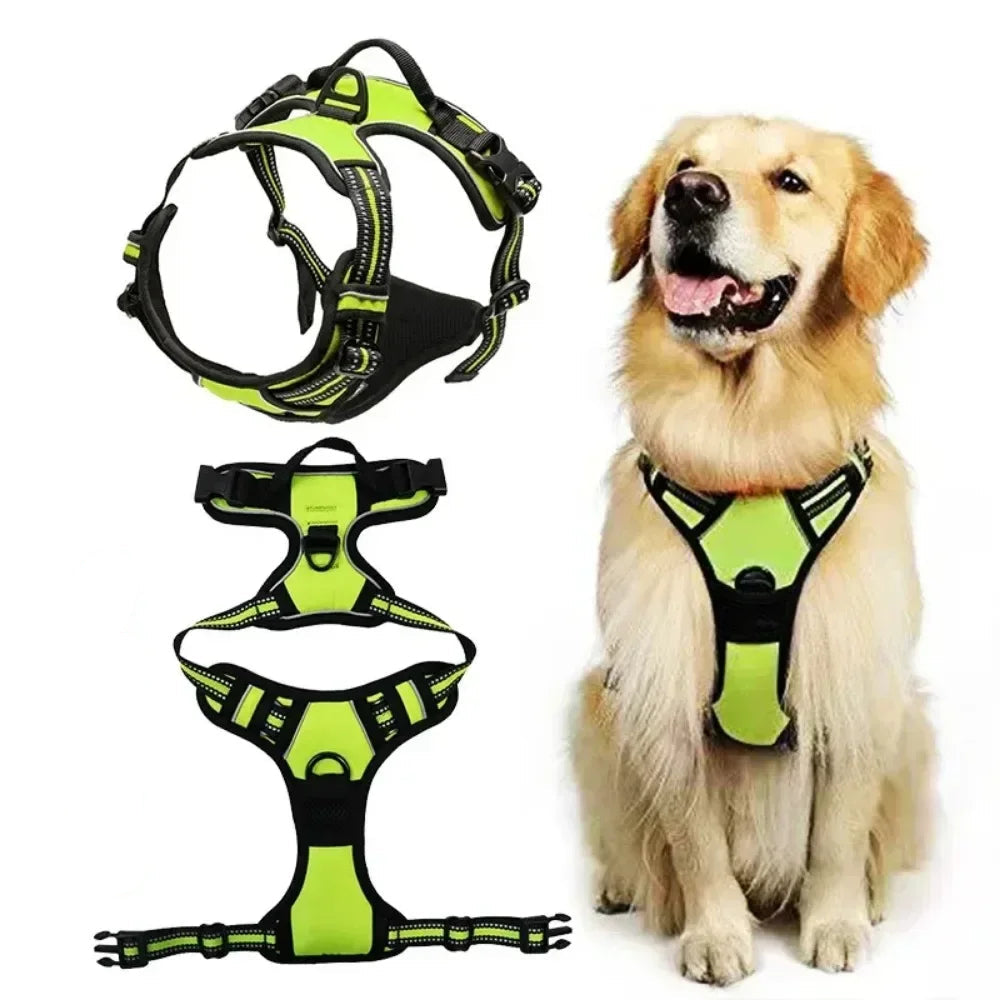 Lime green and black adjustable reflective dog harness shown from multiple angles and worn by a Golden Retriever