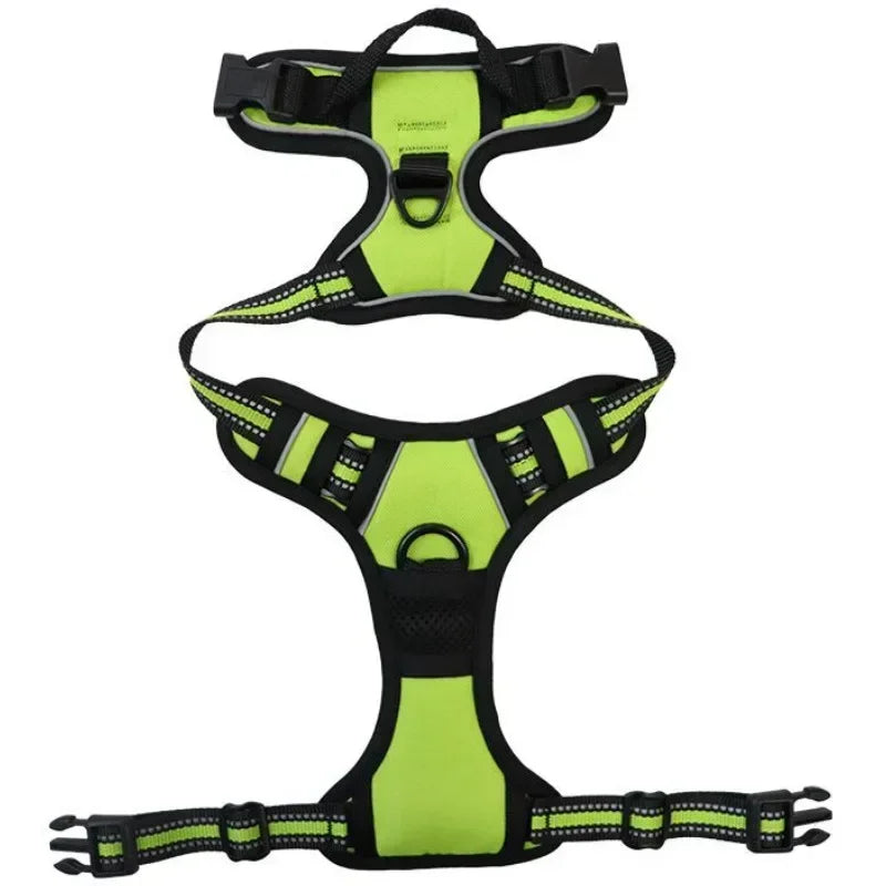 Lime green and black adjustable dog harness with reflective straps, padded panels, grab handle and leash attachment rings