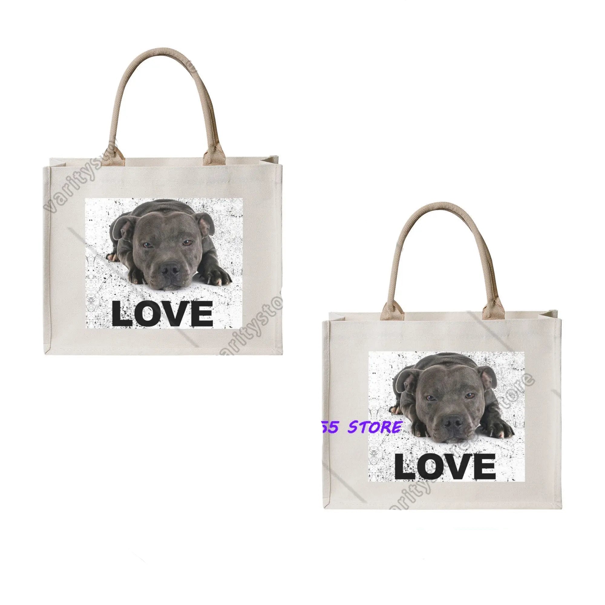 Cream canvas tote bag featuring a black dog portrait with the word Love printed below