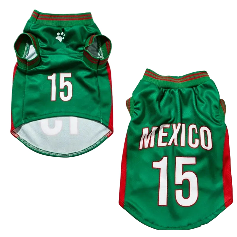 Green and red Mexico dog soccer jersey with number 15 shown from front and back