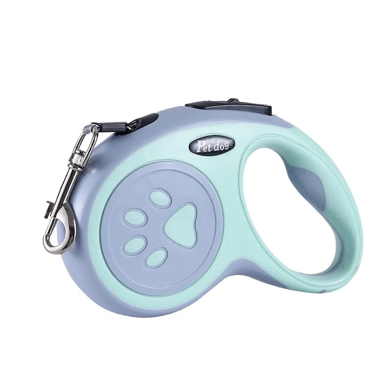 Mint green and grey retractable dog leash with paw print design, ergonomic handle and metal leash clip