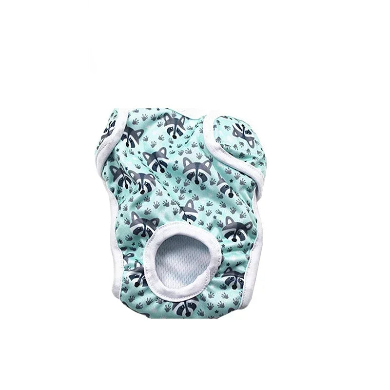 Mint green reusable female dog diaper with raccoon print, tail hole and white trim