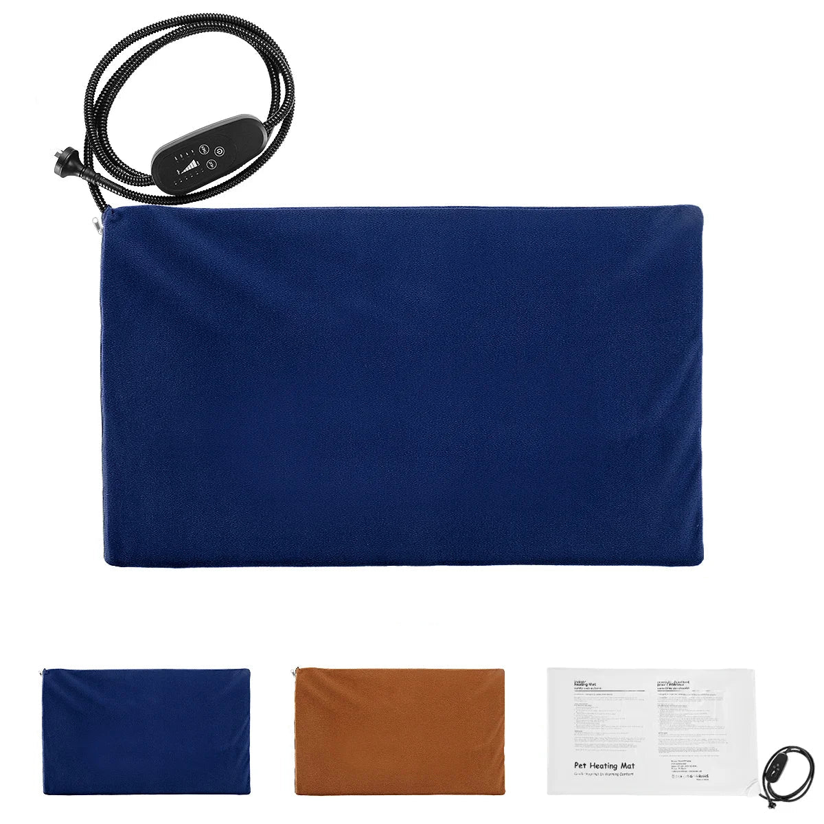 Navy electric heated pet mat with digital controller, blue and brown removable covers and included instructions