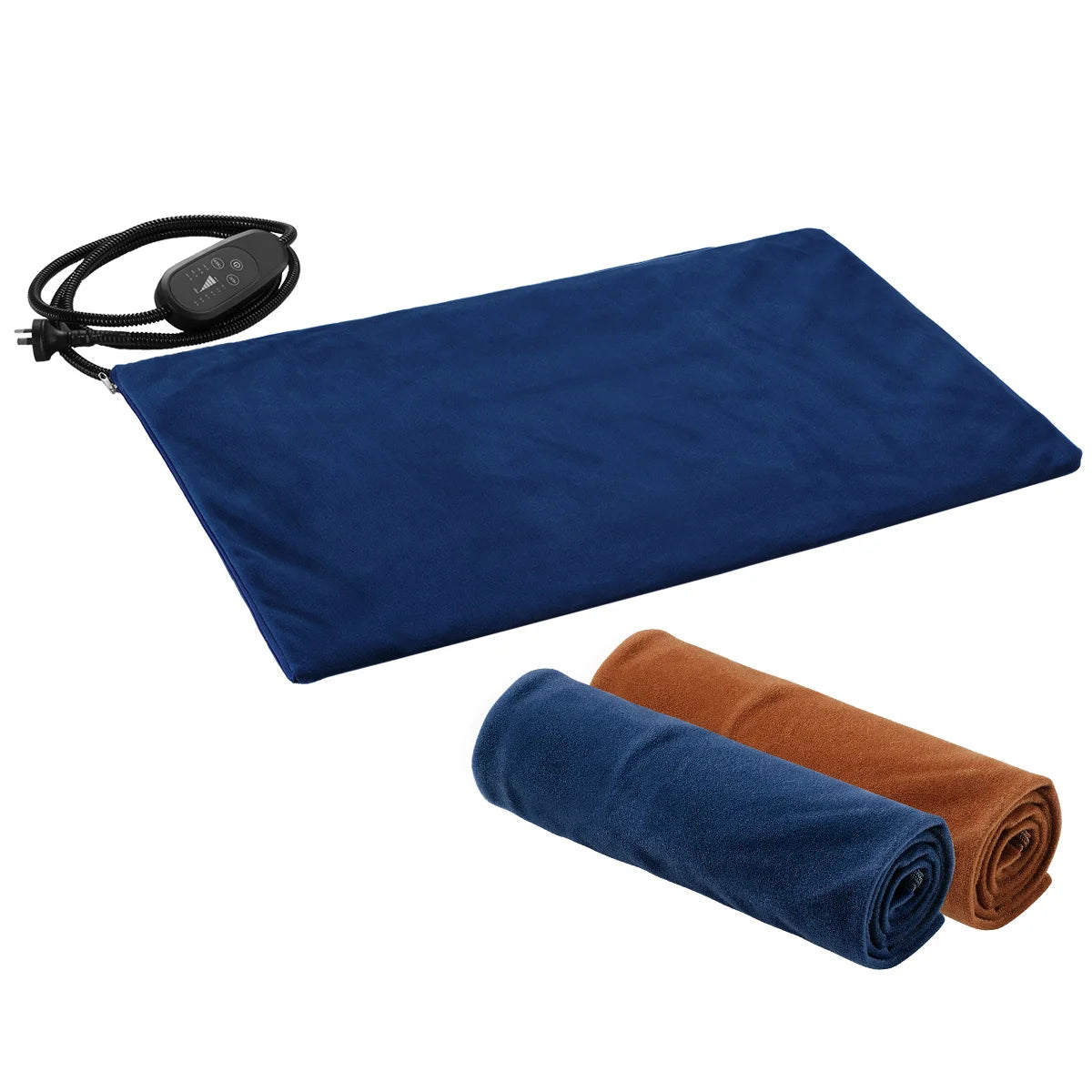 Navy electric heated pet mat with digital controller and rolled blue and brown removable fabric covers