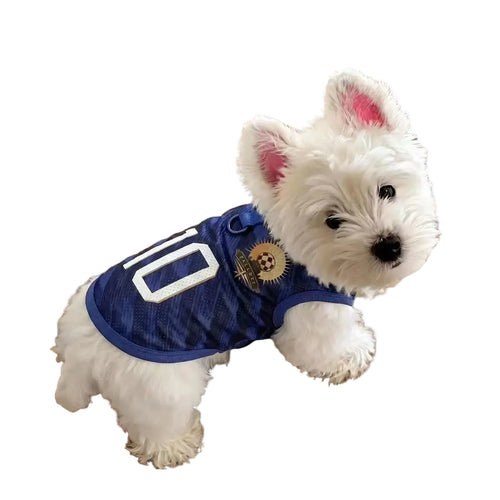 Dog wearing breathable mesh soccer jersey