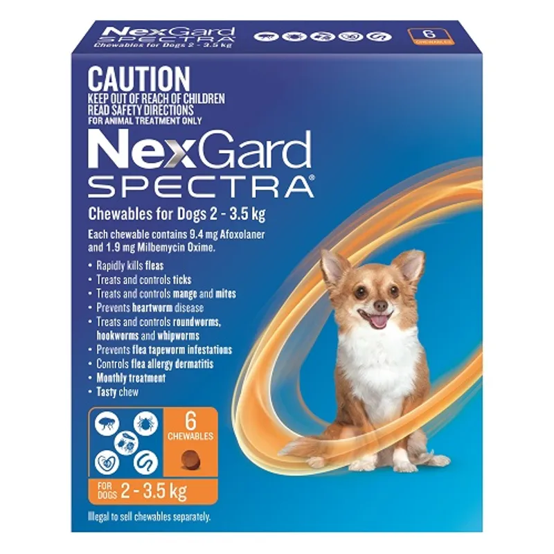 NexGard Spectra chewables for dogs weighing 2–3.5 kg in blue packaging with six chewables