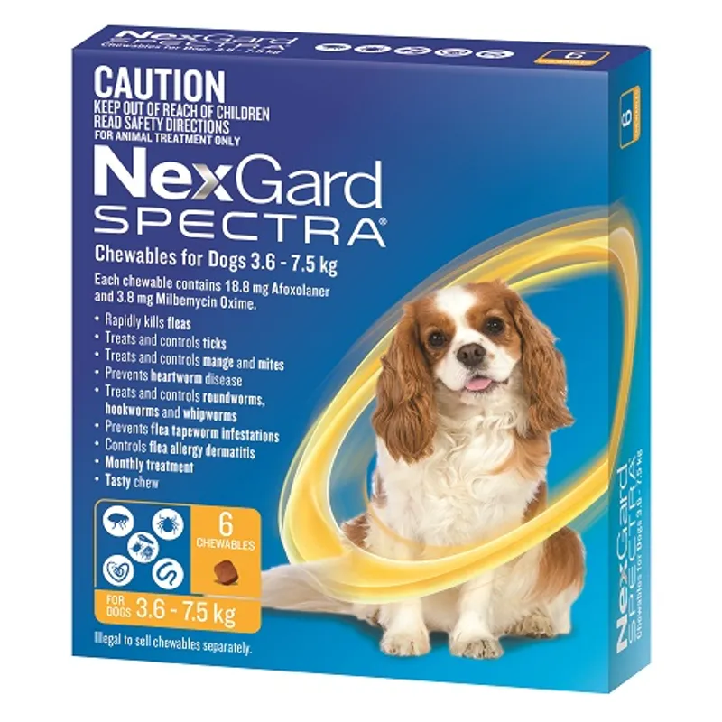 NexGard Spectra chewables for dogs weighing 3.6–7.5 kg in blue packaging with six chewables