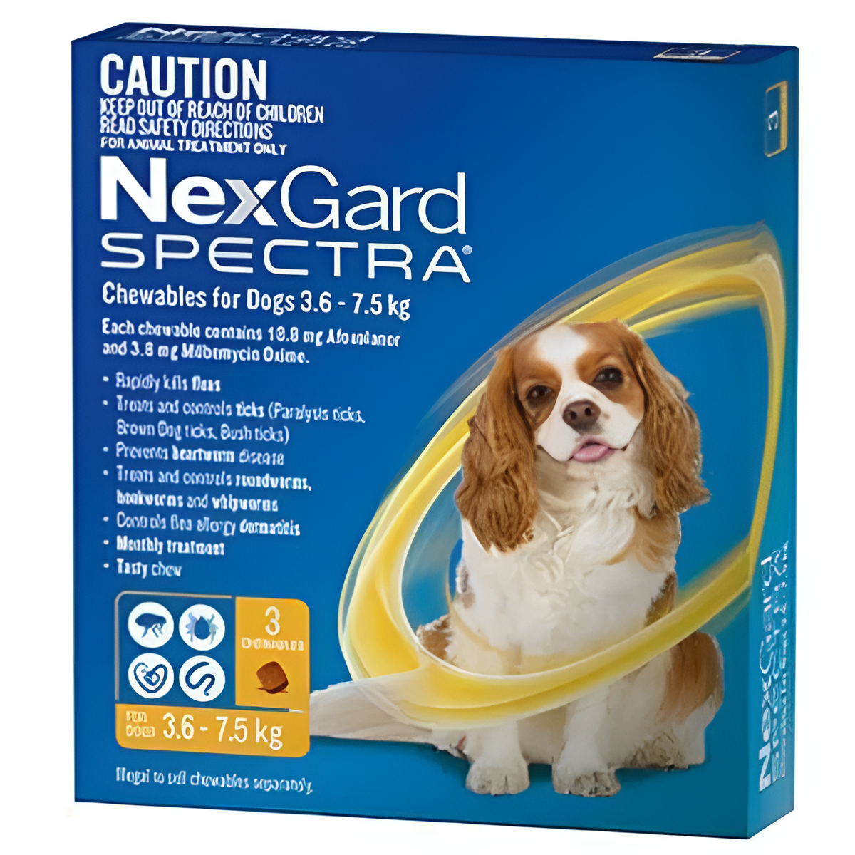 NexGard Spectra chewables for dogs weighing 3.6–7.5 kg in blue product packaging