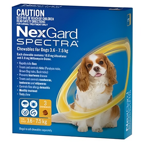 NexGard Spectra chewables for dogs weighing 3.6–7.5 kg in blue product packaging