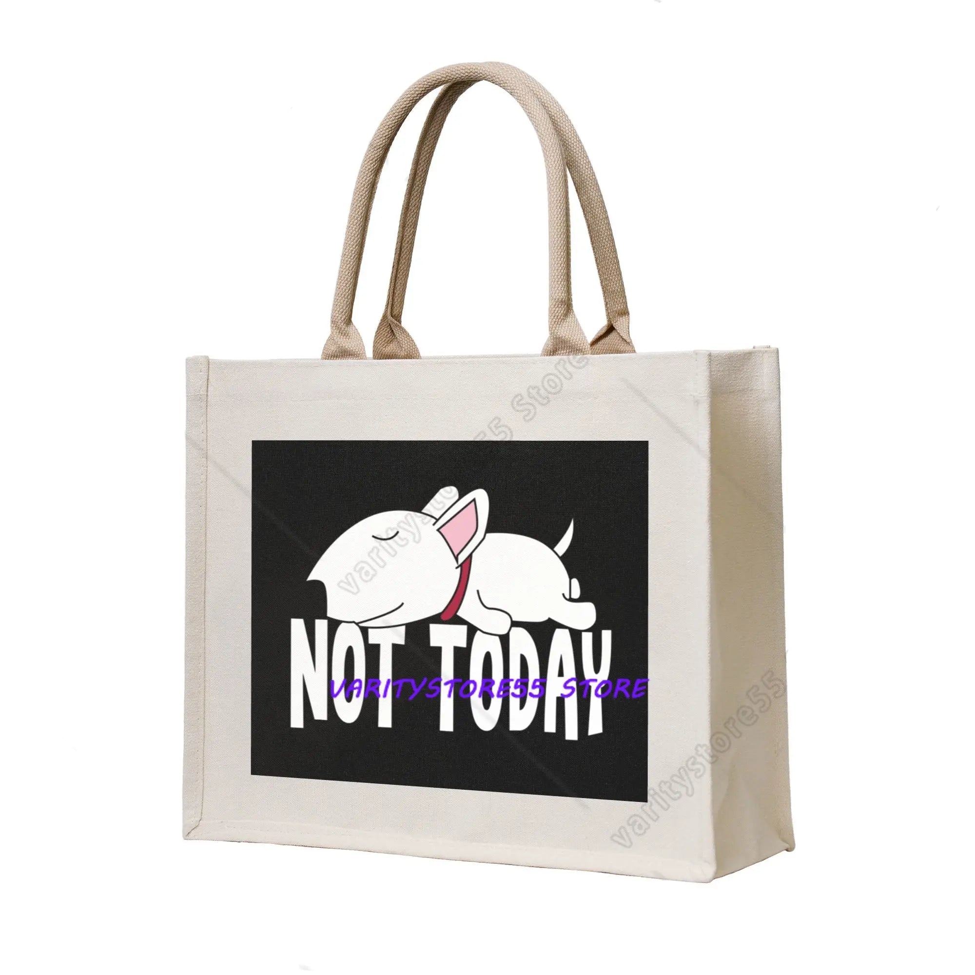 Cream canvas tote bag featuring a sleeping cartoon Bull Terrier with the words Not Today on a black background