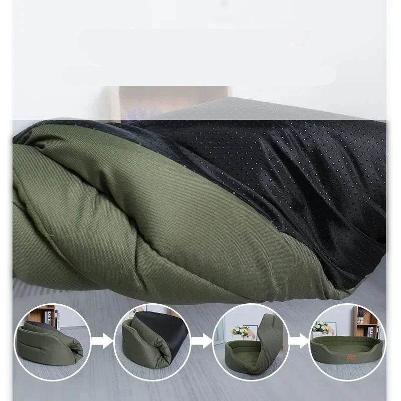 Olive green dog bed showing a black non-slip base and foldable padded construction with step-by-step setup views