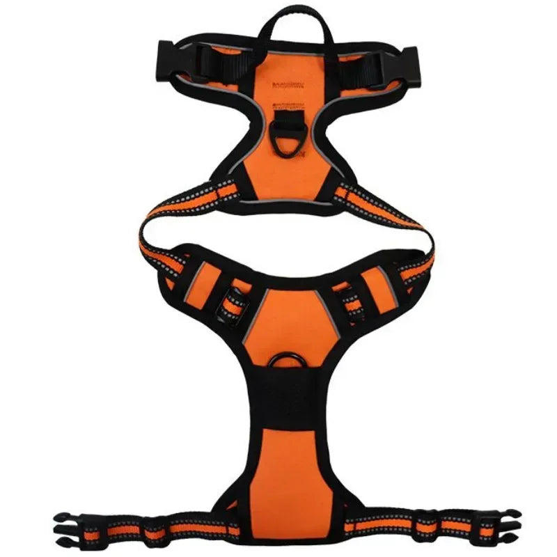 Orange and black adjustable dog harness with reflective straps, padded panels, grab handle and leash attachment rings