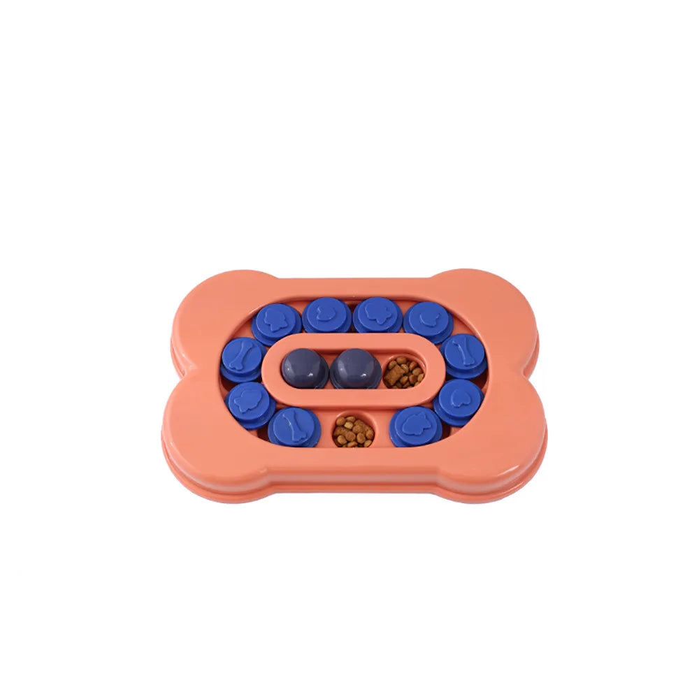 Orange bone-shaped interactive dog puzzle feeder with sliding treat compartments and dry dog food.