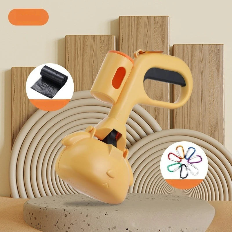 Orange dog poop bag dispenser with waste bags and colourful carabiner clips