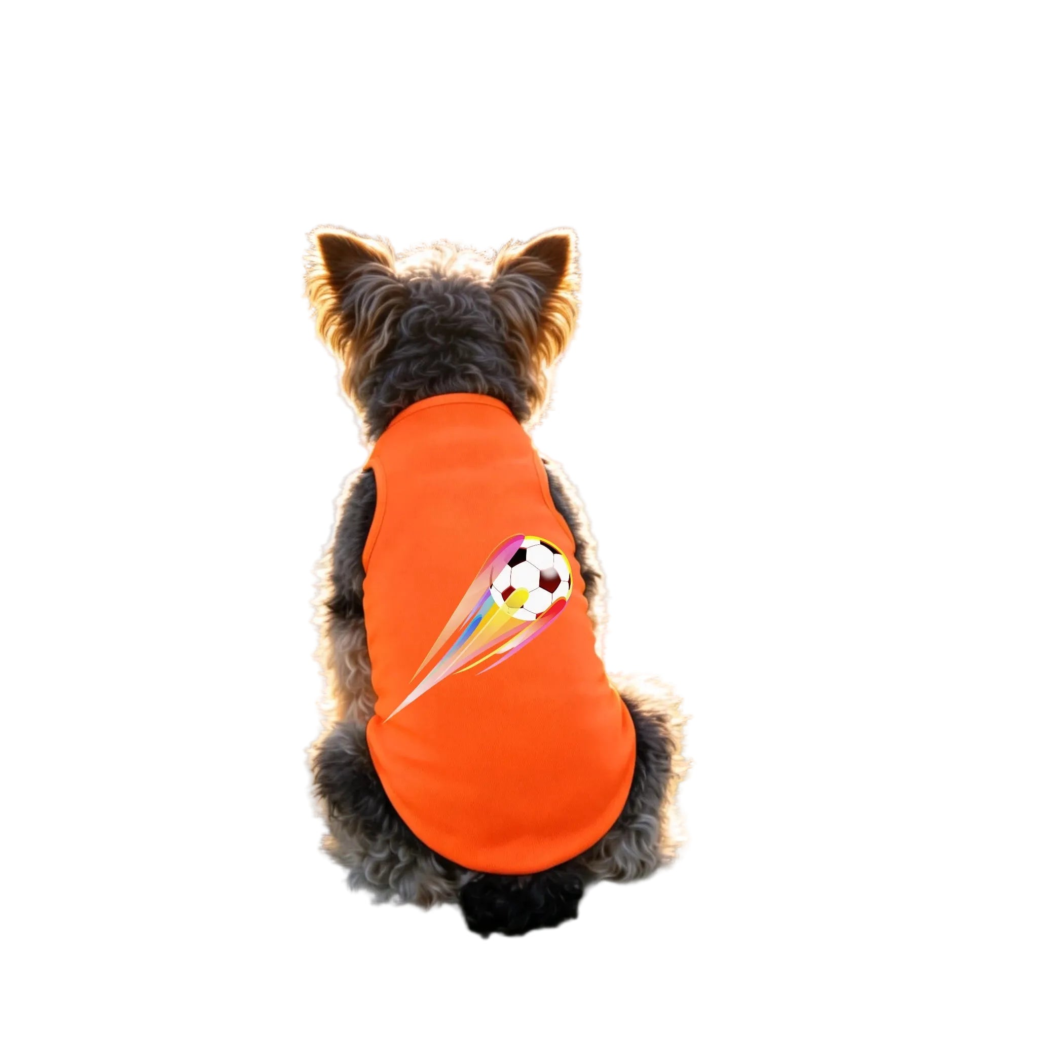 Small dog wearing an orange dog shirt with a colourful soccer ball graphic on the back