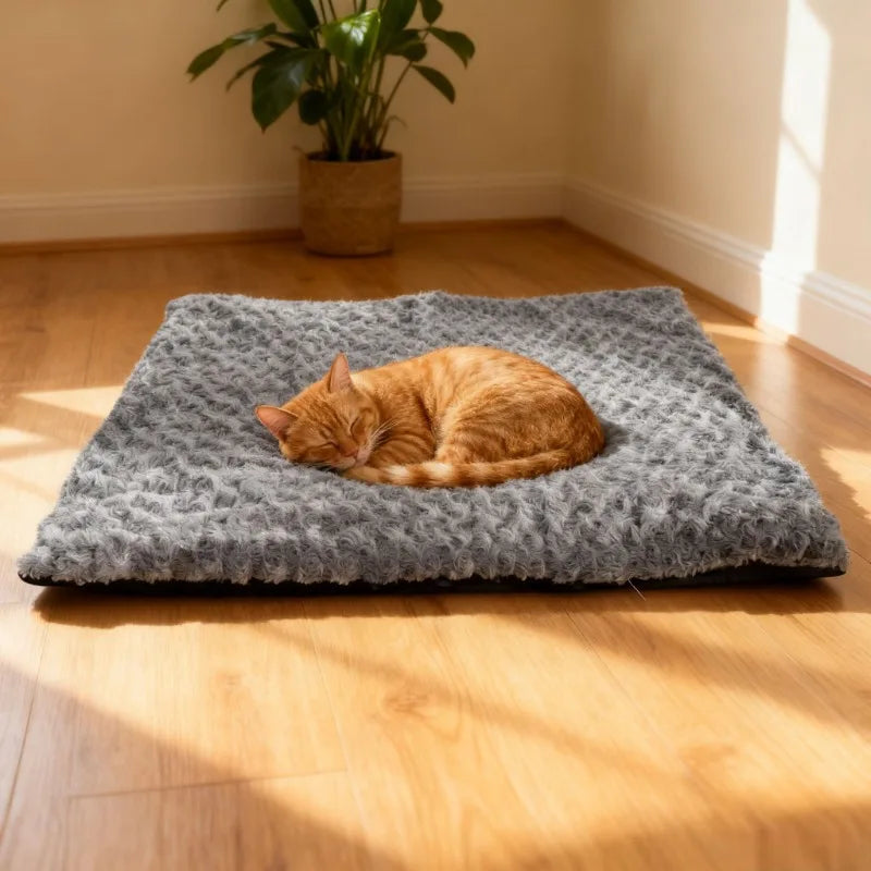 Orange tabby cat sleeping on a grey plush self-warming pet mat on a wooden floor