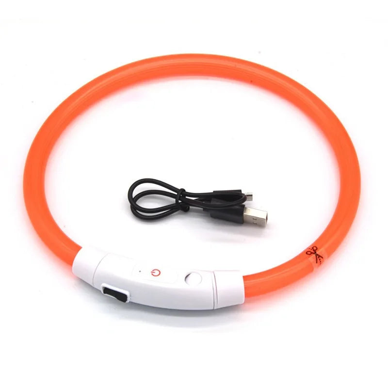 Orange USB rechargeable LED dog collar with illuminated tube, power switch and charging cable