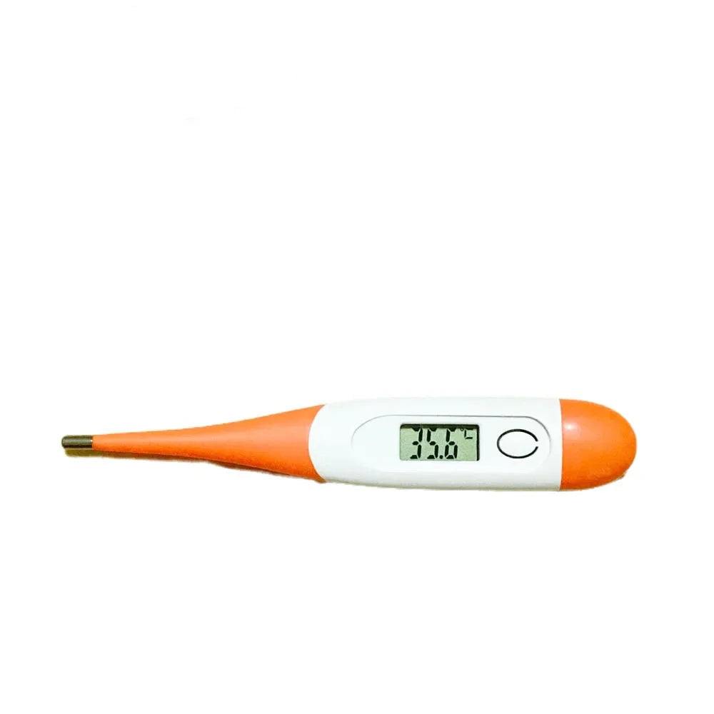 Orange and white digital pet thermometer with LCD temperature display, power button and metal probe tip