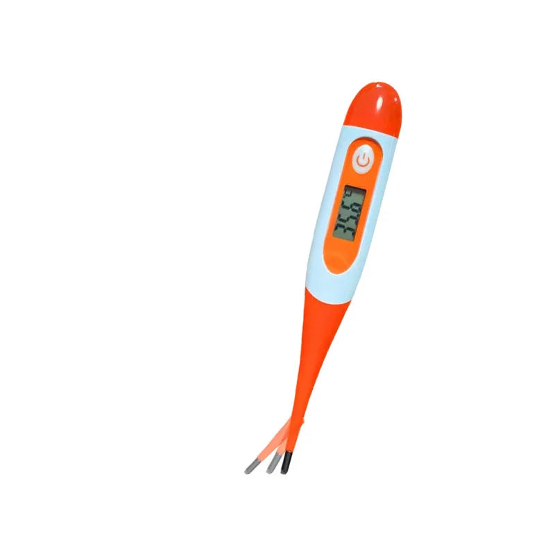 Orange and white digital pet thermometer with LCD temperature display, power button and metal probe tip
