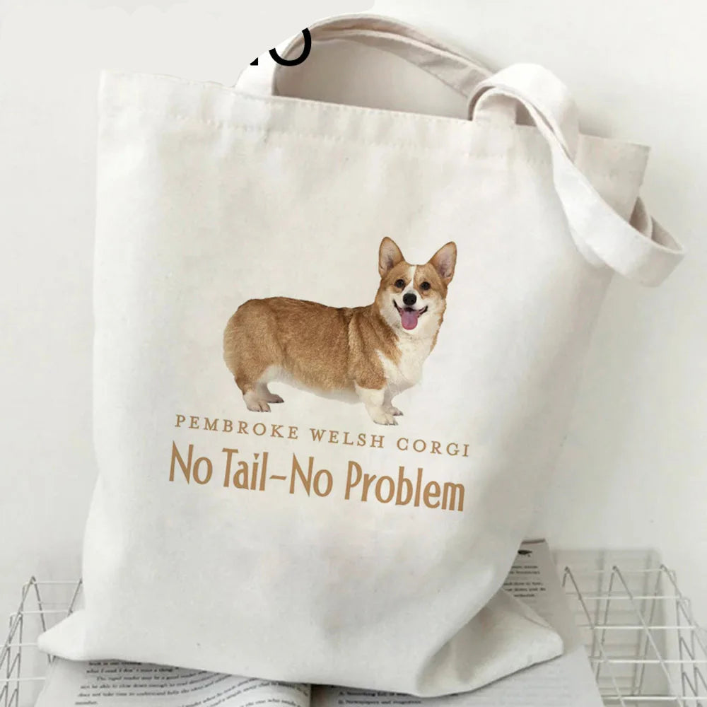 Cream canvas tote bag featuring a Pembroke Welsh Corgi with the words No Tail No Problem