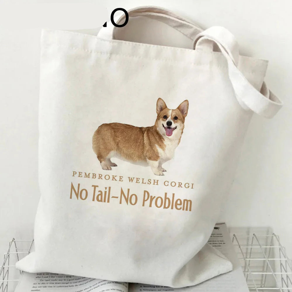 Cream canvas tote bag featuring a Pembroke Welsh Corgi and the phrase No Tail No Problem
