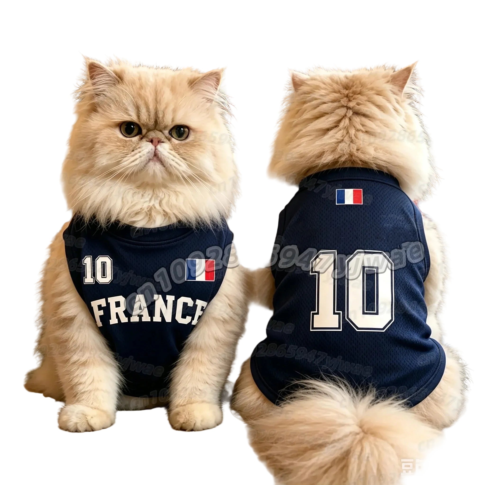 Persian cat wearing a navy France soccer jersey with number 10, shown from the front and back