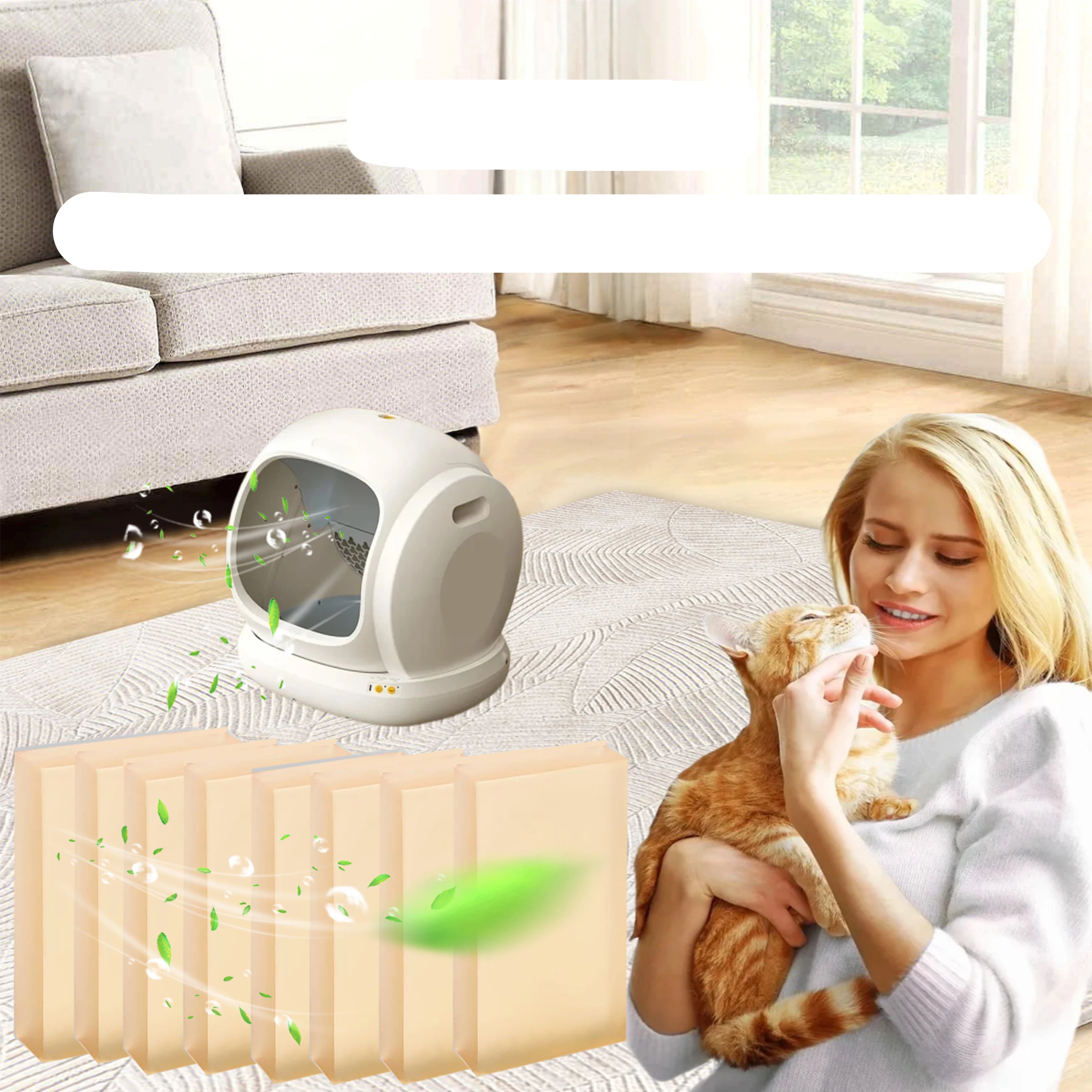 Pet odour eliminator blocks shown with an automatic cat litter box and cat owner holding her cat
