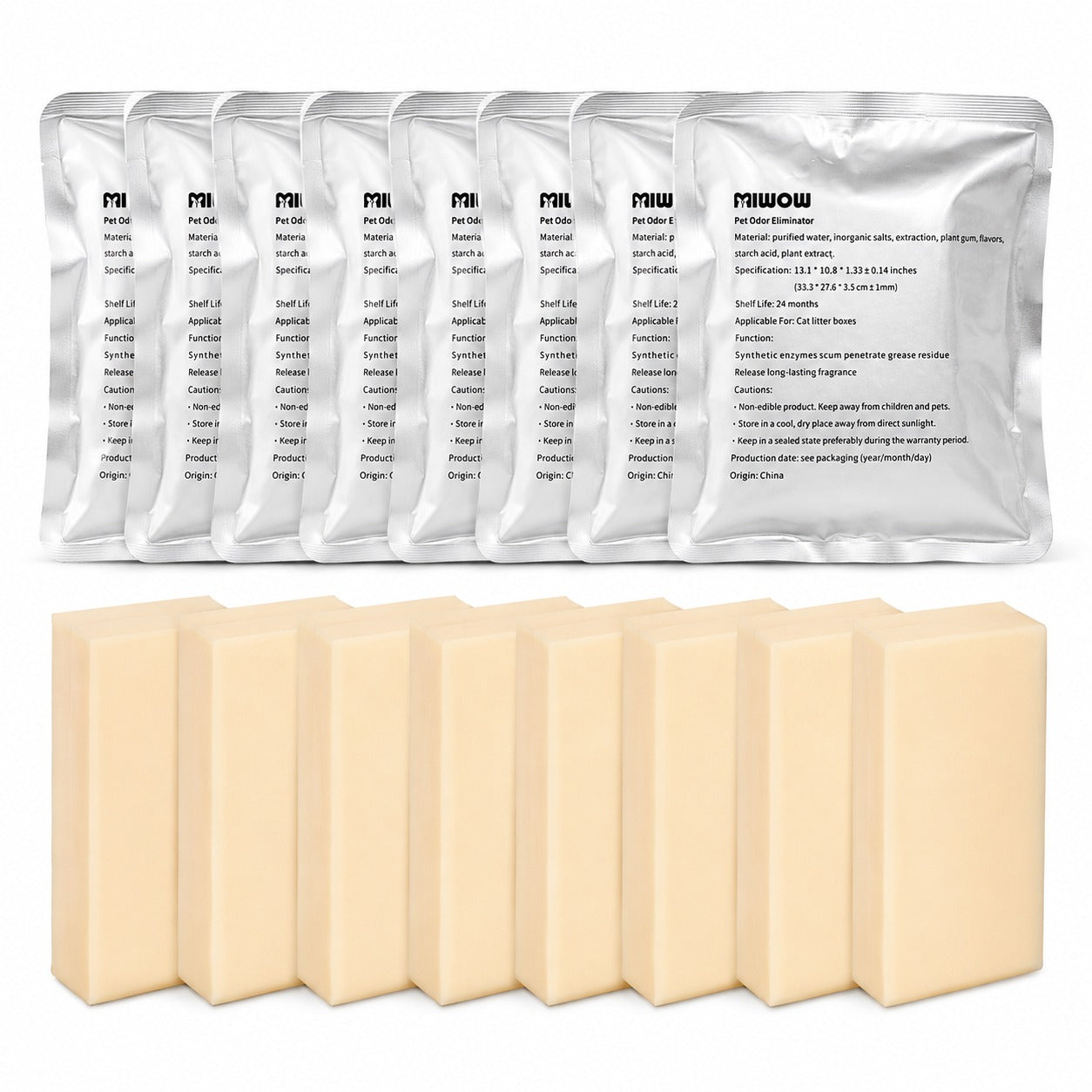 Pet odour eliminator refill blocks in individual sealed packets for use with cat litter boxes