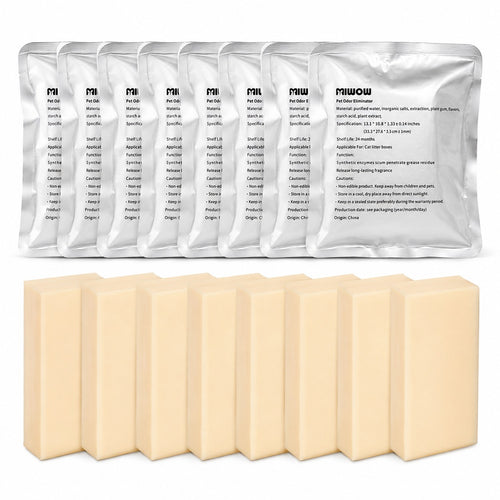 Pet odour eliminator refill blocks in individual sealed packets for use with cat litter boxes