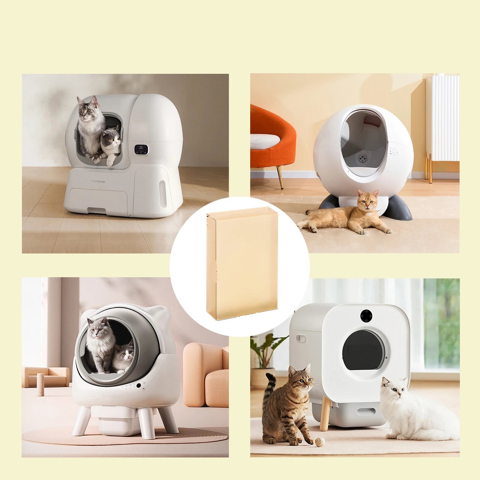 Pet odour eliminator block shown with several automatic cat litter boxes and cats
