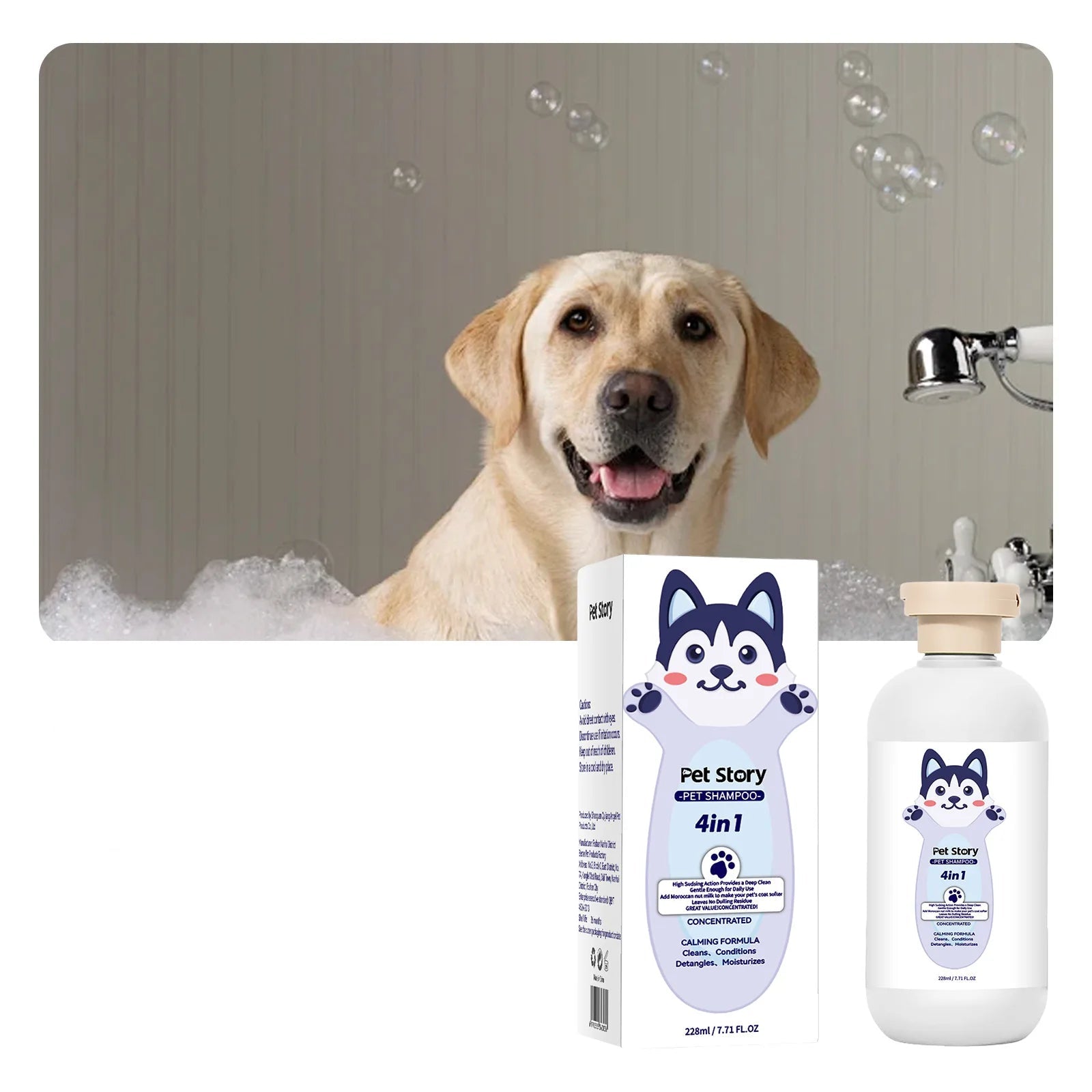 Labrador being bathed with Pet Story 4-in-1 pet shampoo, shown with the 228ml bottle and product packaging