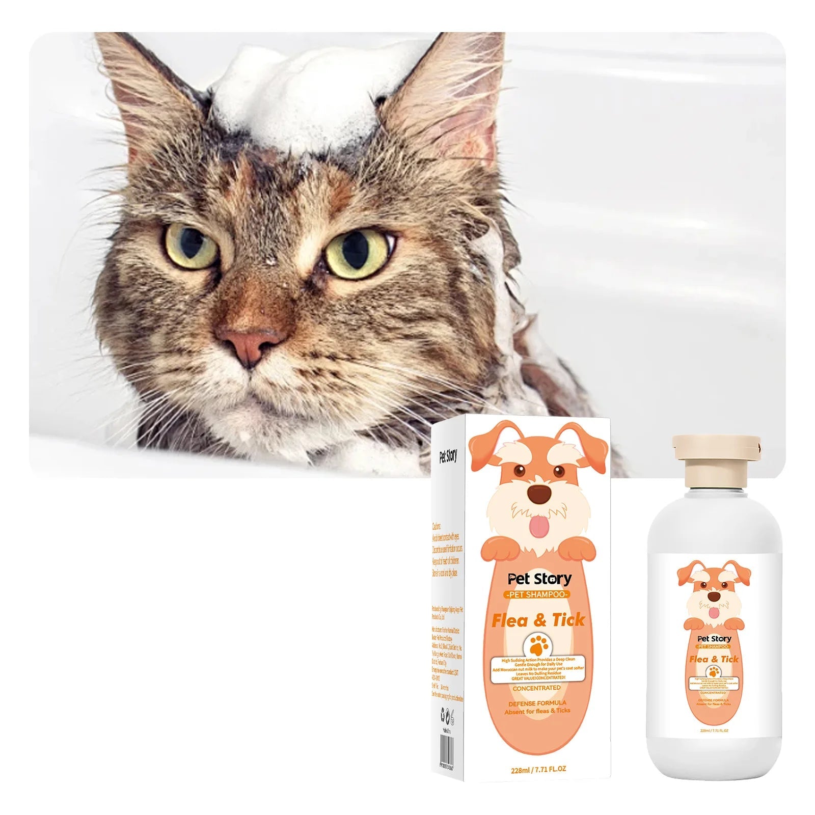 Cat being bathed with Pet Story flea and tick pet shampoo, shown with the 228ml bottle and product packaging