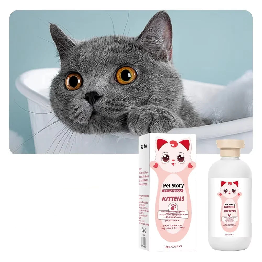 Grey cat in a bath with Pet Story kitten shampoo, shown with the 228ml bottle and product packaging