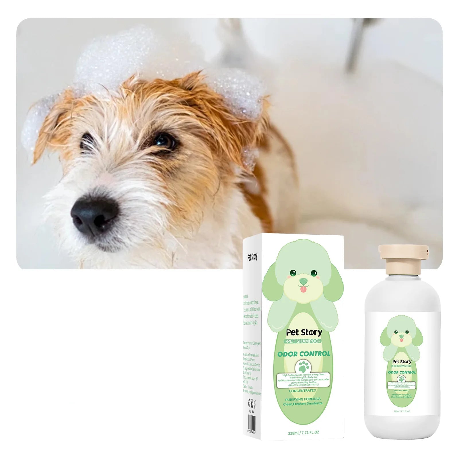 Dog being bathed with Pet Story odour control pet shampoo, shown with the 228ml bottle and product packaging