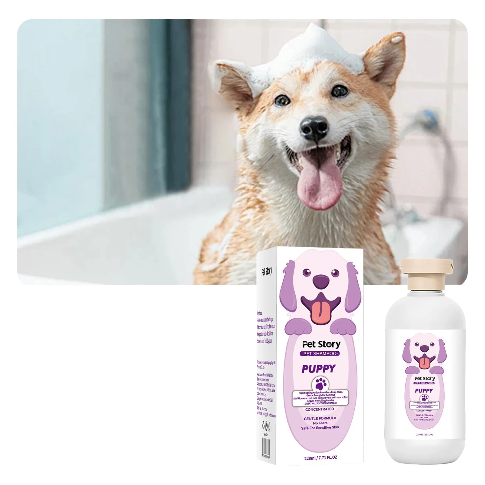 Dog being bathed with Pet Story puppy shampoo, shown with the 228ml bottle and product packaging